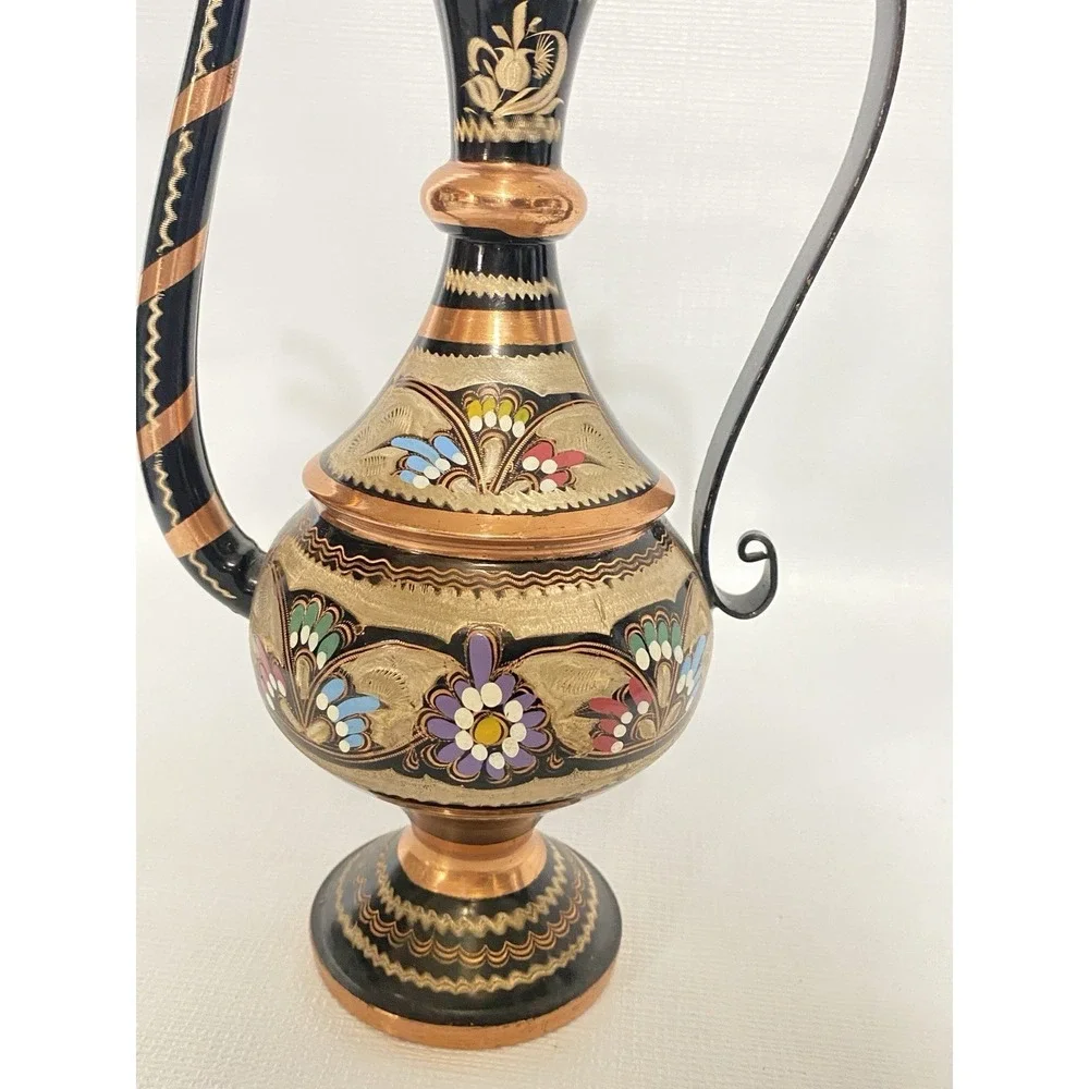 Vintage Ibrik Copper Ewer Pitcher Hand Painted Floral‎ Gold Coffee Tea